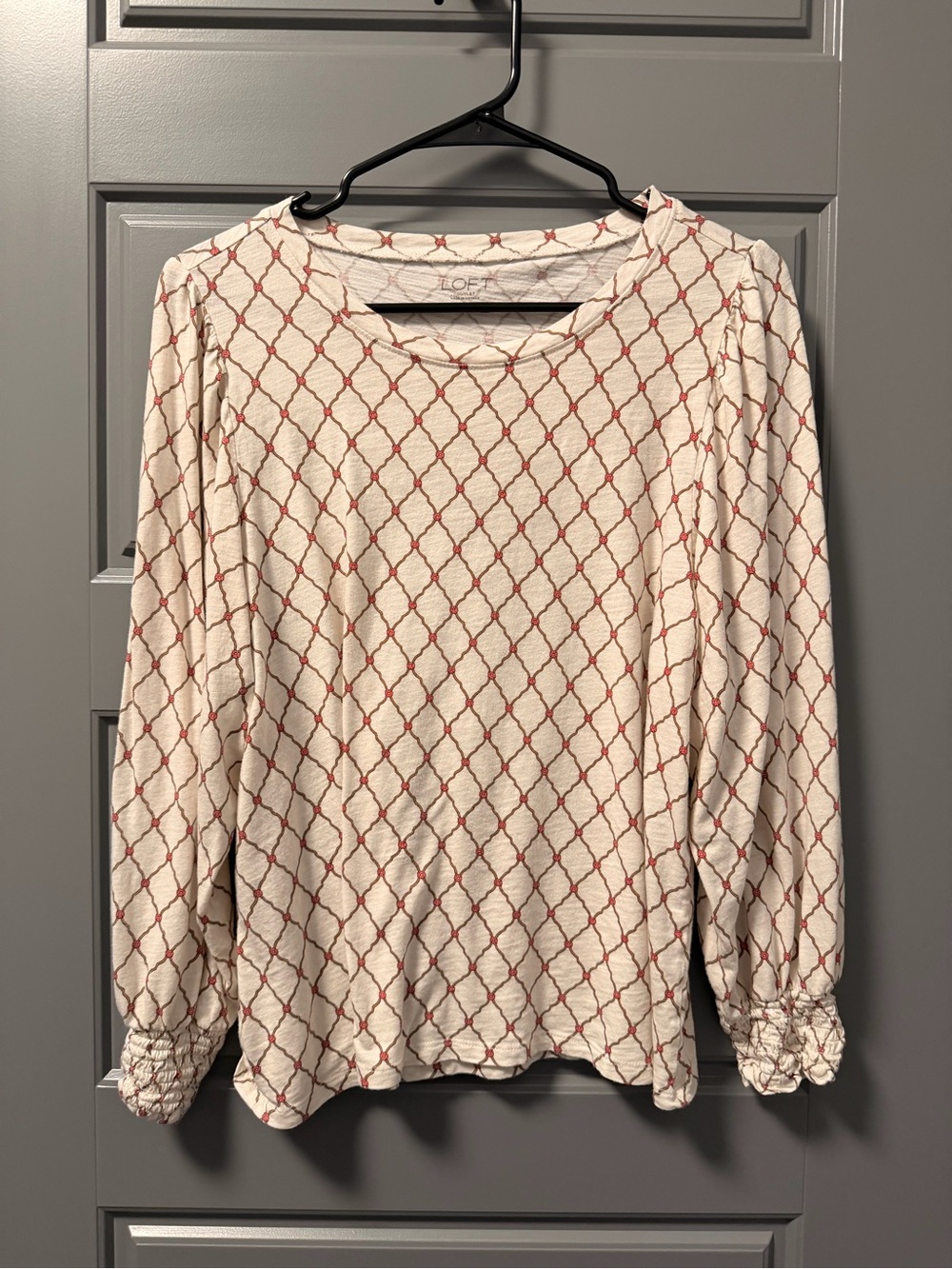 LOFT Cream and Red Long-Sleeve Lattice Print Top - Picture 7 of 7